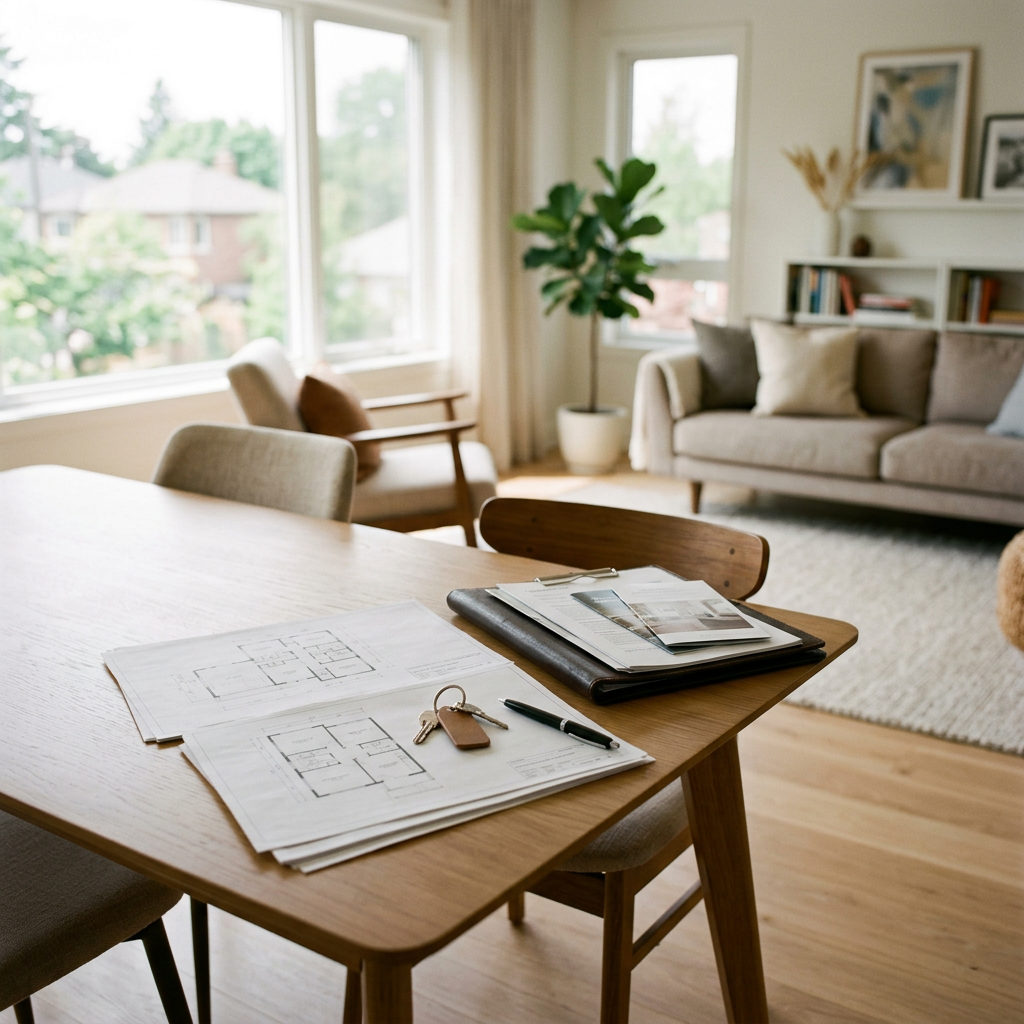 Floor plans, keys, pen, and notebook on a dining table